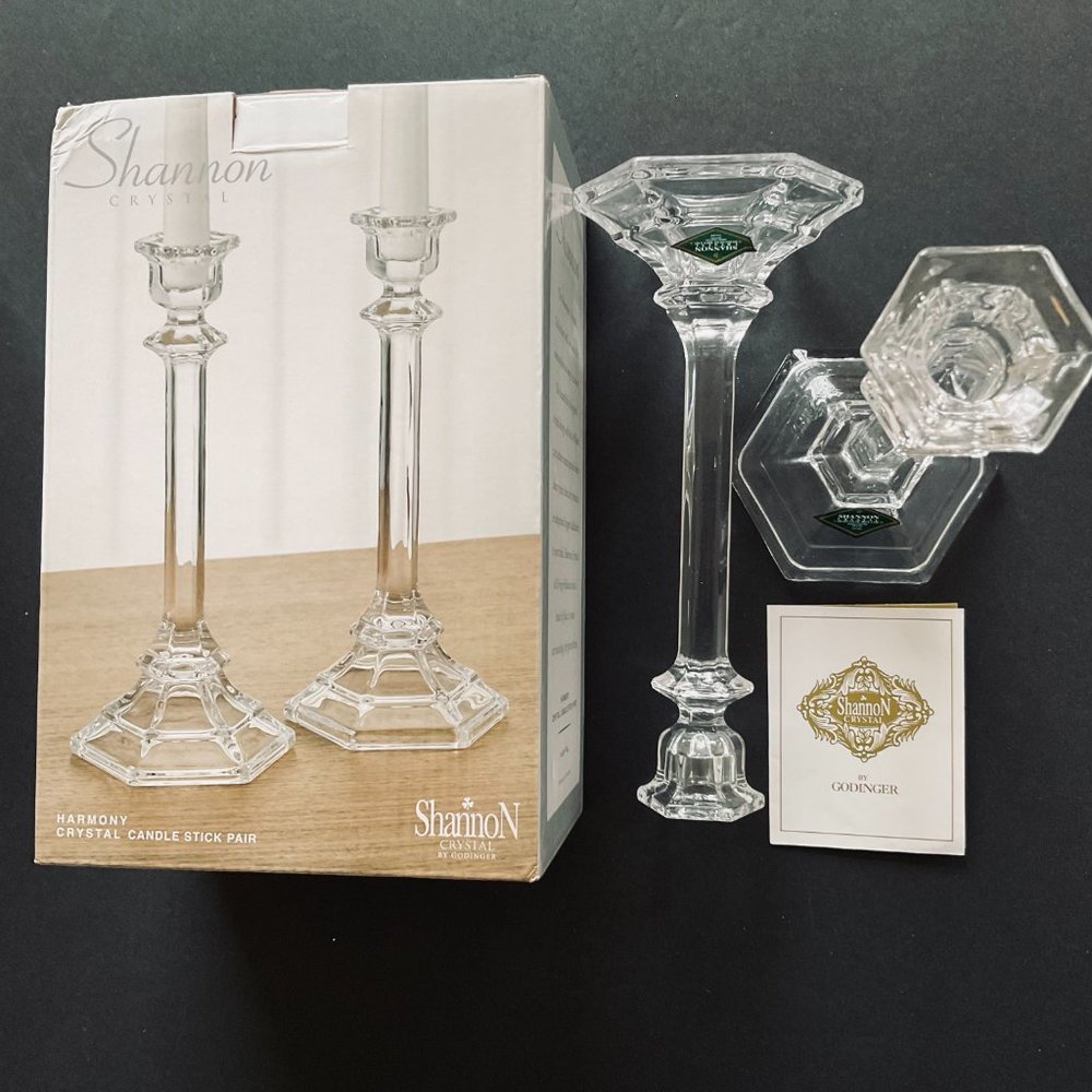 SHANNON CRYSTAL by Godinger "Harmony" Pair of Crystal Candlesticks NIB